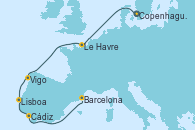 Visitando Copenhague (Dinamarca), Le Havre (Francia), Vigo (España), Lisboa (Portugal), Cádiz (España), Barcelona