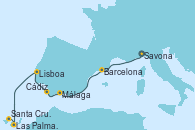 Visitando Savona (Italia), Barcelona, Málaga, Cádiz (España), Lisboa (Portugal), Las Palmas de Gran Canaria (España), Santa Cruz de Tenerife (España)