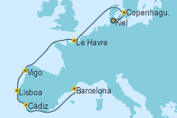Visitando Kiel (Alemania), Copenhague (Dinamarca), Le Havre (Francia), Vigo (España), Lisboa (Portugal), Cádiz (España), Barcelona
