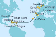 Visitando Hamburgo (Alemania), Ijmuiden (Ámsterdam), Dover (Inglaterra), Le Havre (Francia), Lisboa (Portugal), Cádiz (España), Las Palmas de Gran Canaria (España), Martinica (Antillas), Pointe a Pitre (Guadalupe), Basseterre (Antillas), Antigua (Antillas), Road Town (Isla Tórtola/Islas Vírgenes), Santo Domingo (República Dominicana), Pointe a Pitre (Guadalupe)