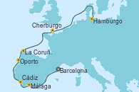 Visitando Barcelona, Málaga, Cádiz (España), Oporto (Portugal), La Coruña (Galicia/España), Cherburgo (Francia), Hamburgo (Alemania)
