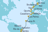 Visitando Santos (Brasil), Río de Janeiro (Brasil), Salvador de Bahía (Brasil), Maceió (Brasil), Puerto Praia (Cabo Verde), Las Palmas de Gran Canaria (España), Casablanca (Marruecos), Málaga, Oporto (Portugal), Vigo (España), Le Havre (Francia), Southampton (Inglaterra), Aarhus (Dinamarca), Kiel (Alemania)