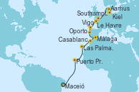Visitando Maceió (Brasil), Puerto Praia (Cabo Verde), Las Palmas de Gran Canaria (España), Casablanca (Marruecos), Málaga, Oporto (Portugal), Vigo (España), Le Havre (Francia), Southampton (Inglaterra), Aarhus (Dinamarca), Kiel (Alemania)