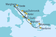 Visitando Marghera (Venecia/Italia), Bari (Italia), Santorini (Grecia), Mykonos (Grecia), Argostoli (Grecia), Marghera (Venecia/Italia), Bari (Italia), Kotor (Montenegro), Corfú (Grecia), Dubrovnik (Croacia), Split (Croacia), Trieste (Italia)