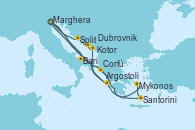 Visitando Marghera (Venecia/Italia), Bari (Italia), Santorini (Grecia), Mykonos (Grecia), Argostoli (Grecia), Marghera (Venecia/Italia), Bari (Italia), Corfú (Grecia), Argostoli (Grecia), Kotor (Montenegro), Dubrovnik (Croacia), Split (Croacia), Marghera (Venecia/Italia)