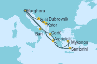 Visitando Marghera (Venecia/Italia), Bari (Italia), Corfú (Grecia), Argostoli (Grecia), Kotor (Montenegro), Dubrovnik (Croacia), Split (Croacia), Marghera (Venecia/Italia), Bari (Italia), Santorini (Grecia), Mykonos (Grecia), Argostoli (Grecia), Marghera (Venecia/Italia)