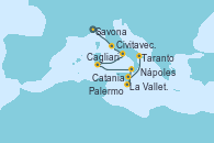 Visitando Savona (Italia), Civitavecchia (Roma), Nápoles (Italia), Cagliari (Cerdeña), Palermo (Italia), La Valletta (Malta), Catania (Sicilia), Taranto (Italia)