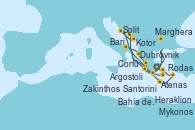 Visitando Atenas (Grecia), Santorini (Grecia), Heraklion (Creta), Zakinthos (Grecia), Kotor (Montenegro), Dubrovnik (Croacia), Split (Croacia), Marghera (Venecia/Italia), Bari (Italia), Corfú (Grecia), Argostoli (Grecia), Bahía de Souda (Grecia), Rodas (Grecia), Mykonos (Grecia), Atenas (Grecia)