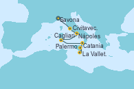 Visitando Savona (Italia), Civitavecchia (Roma), Nápoles (Italia), Cagliari (Cerdeña), Palermo (Italia), La Valletta (Malta), Catania (Sicilia)