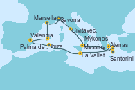 Visitando Savona (Italia), Civitavecchia (Roma), Messina (Sicilia), Atenas (Grecia), Santorini (Grecia), Mykonos (Grecia), La Valletta (Malta), Ibiza (España), Valencia, Palma de Mallorca (España), Marsella (Francia), Savona (Italia)