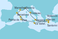 Visitando Savona (Italia), Marsella (Francia), Barcelona, Ibiza (España), Palma de Mallorca (España), La Valletta (Malta), Atenas (Grecia), Santorini (Grecia), Mykonos (Grecia), Messina (Sicilia), Civitavecchia (Roma), Savona (Italia)