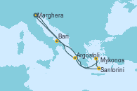 Visitando Marghera (Venecia/Italia), Bari (Italia), Santorini (Grecia), Mykonos (Grecia), Argostoli (Grecia), Marghera (Venecia/Italia)