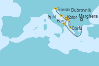 Visitando Marghera (Venecia/Italia), Bari (Italia), Kotor (Montenegro), Corfú (Grecia), Dubrovnik (Croacia), Split (Croacia), Trieste (Italia)