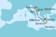 Visitando Atenas (Grecia), Santorini (Grecia), Heraklion (Creta), Zakinthos (Grecia), Kotor (Montenegro), Dubrovnik (Croacia), Split (Croacia), Marghera (Venecia/Italia)