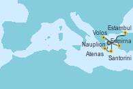 Visitando Atenas (Grecia), Estambul (Turquía), Esmirna (Turquía), Volos (Grecia), Santorini (Grecia), Nauplion (Grecia), Atenas (Grecia)