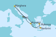 Visitando Bari (Italia), Santorini (Grecia), Mykonos (Grecia), Argostoli (Grecia), Marghera (Venecia/Italia), Bari (Italia)
