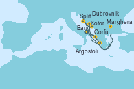 Visitando Bari (Italia), Corfú (Grecia), Argostoli (Grecia), Kotor (Montenegro), Dubrovnik (Croacia), Split (Croacia), Marghera (Venecia/Italia), Bari (Italia)
