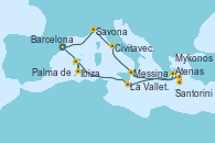 Visitando Barcelona, Ibiza (España), Palma de Mallorca (España), La Valletta (Malta), Atenas (Grecia), Santorini (Grecia), Mykonos (Grecia), Messina (Sicilia), Civitavecchia (Roma), Savona (Italia), Barcelona