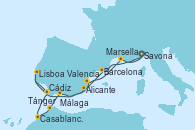 Visitando Savona (Italia), Barcelona, Alicante (España), Lisboa (Portugal), Cádiz (España), Casablanca (Marruecos), Tánger (Marruecos), Málaga, Valencia, Marsella (Francia), Savona (Italia)