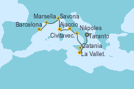 Visitando Taranto (Italia), La Valletta (Malta), Catania (Sicilia), Nápoles (Italia), Civitavecchia (Roma), Ajaccio (Córcega), Savona (Italia), Marsella (Francia), Barcelona