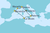 Visitando Civitavecchia (Roma), Savona (Italia), Marsella (Francia), Barcelona, La Goulette (Tunez), Palermo (Italia), Civitavecchia (Roma)