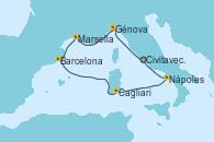 Visitando Civitavecchia (Roma), Génova (Italia), Marsella (Francia), Barcelona, Cagliari (Cerdeña), Nápoles (Italia), Civitavecchia (Roma)