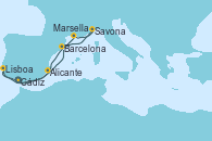 Visitando Cádiz (España), Barcelona, Marsella (Francia), Savona (Italia), Barcelona, Alicante (España), Lisboa (Portugal), Cádiz (España)
