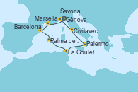 Visitando Génova (Italia), Marsella (Francia), Barcelona, Palma de Mallorca (España), La Goulette (Tunez), Palermo (Italia), Civitavecchia (Roma), Savona (Italia)