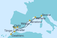 Visitando Cádiz (España), Gibraltar (Inglaterra), Málaga, Marsella (Francia), Savona (Italia), Barcelona, Tánger (Marruecos), Casablanca (Marruecos), Cádiz (España)