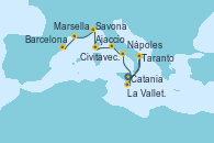 Visitando Catania (Sicilia), Taranto (Italia), La Valletta (Malta), Catania (Sicilia), Nápoles (Italia), Civitavecchia (Roma), Ajaccio (Córcega), Savona (Italia), Marsella (Francia), Barcelona