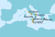 Visitando Atenas (Grecia), La Valletta (Malta), Catania (Sicilia), Taranto (Italia), La Valletta (Malta), Catania (Sicilia), Nápoles (Italia), Civitavecchia (Roma)