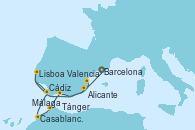 Visitando Barcelona, Alicante (España), Lisboa (Portugal), Cádiz (España), Casablanca (Marruecos), Tánger (Marruecos), Málaga, Valencia