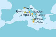 Visitando Taranto (Italia), La Valletta (Malta), Catania (Sicilia), Nápoles (Italia), Civitavecchia (Roma), Ajaccio (Córcega), Savona (Italia)