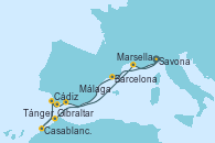 Visitando Savona (Italia), Barcelona, Tánger (Marruecos), Casablanca (Marruecos), Cádiz (España), Gibraltar (Inglaterra), Málaga, Marsella (Francia), Savona (Italia)
