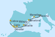 Visitando Savona (Italia), Barcelona, Alicante (España), Lisboa (Portugal), Cádiz (España), Gibraltar (Inglaterra), Málaga, Marsella (Francia), Savona (Italia)
