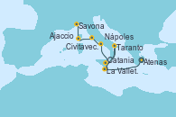 Visitando Atenas (Grecia), La Valletta (Malta), Catania (Sicilia), Taranto (Italia), La Valletta (Malta), Catania (Sicilia), Nápoles (Italia), Civitavecchia (Roma), Ajaccio (Córcega), Savona (Italia)