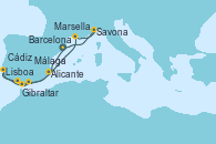 Visitando Barcelona, Alicante (España), Lisboa (Portugal), Cádiz (España), Gibraltar (Inglaterra), Málaga, Marsella (Francia), Savona (Italia), Barcelona