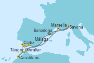 Visitando Barcelona, Tánger (Marruecos), Casablanca (Marruecos), Cádiz (España), Gibraltar (Inglaterra), Málaga, Marsella (Francia), Savona (Italia), Barcelona