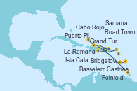 Visitando La Romana (República Dominicana), Isla Catalina (República Dominicana), Cabo Rojo, Grand Turks(Turks & Caicos), Puerto Plata, Republica Dominicana, Samana (República Dominicana), La Romana (República Dominicana), Castries (Santa Lucía/Caribe), Bridgetown (Barbados), Pointe a Pitre (Guadalupe), Basseterre (Antillas), Road Town (Isla Tórtola/Islas Vírgenes), La Romana (República Dominicana)