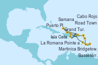 Visitando La Romana (República Dominicana), Martinica (Antillas), Bridgetown (Barbados), Pointe a Pitre (Guadalupe), Basseterre (Antillas), Road Town (Isla Tórtola/Islas Vírgenes), La Romana (República Dominicana), Isla Catalina (República Dominicana), Samana (República Dominicana), Puerto Plata, Republica Dominicana, Grand Turks(Turks & Caicos), Cabo Rojo, La Romana (República Dominicana)