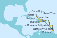 Visitando La Romana (República Dominicana), Castries (Santa Lucía/Caribe), Bridgetown (Barbados), Pointe a Pitre (Guadalupe), Basseterre (Antillas), Road Town (Isla Tórtola/Islas Vírgenes), La Romana (República Dominicana), Isla Catalina (República Dominicana), Cabo Rojo, Grand Turks(Turks & Caicos), Puerto Plata, Republica Dominicana, Samana (República Dominicana), La Romana (República Dominicana)