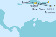 Visitando Pointe a Pitre (Guadalupe), Basseterre (Antillas), Antigua (Antillas), Road Town (Isla Tórtola/Islas Vírgenes), Santo Domingo (República Dominicana), Pointe a Pitre (Guadalupe)