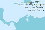 Visitando Pointe a Pitre (Guadalupe), Basseterre (Antillas), Antigua (Antillas), Road Town (Isla Tórtola/Islas Vírgenes), Santo Domingo (República Dominicana), Martinica (Antillas), Pointe a Pitre (Guadalupe)