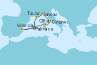 Visitando Palma de Mallorca (España), Valencia, Olbia (Cerdeña), Civitavecchia (Roma), Savona (Italia), Toulon (Francia), Palma de Mallorca (España)