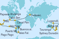 Visitando Buenos aires, Puerto Madryn (Argentina), Islas Falkland (Puerto Stanley/Reino Unido), Ushuaia (Argentina), Ushuaia (Argentina), Puerto Montt (Chile), Valparaíso (Chile), Valparaíso (Chile), Isla Pascua (Chile), Islas Pitcairn (Pacífico), Papeete (Tahití), Papeete (Tahití), Moorea (Tahití), Arutanga (Aitutaki, Islas Cook), Rarotonga (Islas Cook), Bahía de las Islas (Nueva Zelanda), Auckland (Nueva Zelanda), Tauranga (Nueva Zelanda), Christchurch (Nueva Zelanda), Dunedin (Nueva Zelanda), Hobart (Australia), Hobart (Australia), Sydney (Australia), Sydney (Australia), Nouméa (Nueva Caledonia), Luganville (Vanuatu), Apia (Samoa), Pago Pago (Samoa), Honolulu (Hawái), Hilo (Hawai), Los Ángeles (California), Cabo San Lucas (México), Puntarenas (Costa Rica), Canal Panamá, Canal Panamá, Ocho Ríos (Jamaica), Road Town (Isla Tórtola/Islas Vírgenes), Philipsburg (St. Maarten), Las Palmas de Gran Canaria (España), Palma de Mallorca (España), Nápoles (Italia), Civitavecchia (Roma)