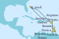 Visitando Fuerte de France (Martinica), Pointe a Pitre (Guadalupe), Philipsburg (St. Maarten), St. John´s (Antigua y Barbuda), Basseterre (Antillas), Roseau (Dominica), Fuerte de France (Martinica), Pointe a Pitre (Guadalupe), Castries (Santa Lucía/Caribe), Bridgetown (Barbados), Kingstown (Granadinas), Saint George (Grenada), Fuerte de France (Martinica)