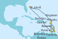 Visitando Fuerte de France (Martinica), Pointe a Pitre (Guadalupe), St. John´s (Antigua y Barbuda), Philipsburg (St. Maarten), Roseau (Dominica), Basseterre (Antillas), Fuerte de France (Martinica), Pointe a Pitre (Guadalupe), Castries (Santa Lucía/Caribe), Bridgetown (Barbados), Kingstown (Granadinas), Saint George (Grenada), Fuerte de France (Martinica)