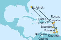 Visitando Fuerte de France (Martinica), Pointe a Pitre (Guadalupe), Castries (Santa Lucía/Caribe), Bridgetown (Barbados), Kingstown (Granadinas), Saint George (Grenada), Fuerte de France (Martinica), Pointe a Pitre (Guadalupe), Philipsburg (St. Maarten), St. John´s (Antigua y Barbuda), Basseterre (Antillas), Roseau (Dominica), Fuerte de France (Martinica)