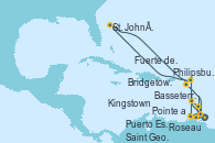 Visitando Fuerte de France (Martinica), Pointe a Pitre (Guadalupe), Roseau (Dominica), Philipsburg (St. Maarten), St. John´s (Antigua y Barbuda), Basseterre (Antillas), Fuerte de France (Martinica), Pointe a Pitre (Guadalupe), Bridgetown (Barbados), Kingstown (Granadinas), Puerto España (Trinidad y Tobago), Saint George (Grenada), Fuerte de France (Martinica)