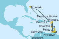 Visitando Fuerte de France (Martinica), Pointe a Pitre (Guadalupe), Bridgetown (Barbados), Kingstown (Granadinas), Puerto España (Trinidad y Tobago), Saint George (Grenada), Fuerte de France (Martinica), Pointe a Pitre (Guadalupe), Philipsburg (St. Maarten), St. John´s (Antigua y Barbuda), Basseterre (Antillas), Roseau (Dominica), Fuerte de France (Martinica)